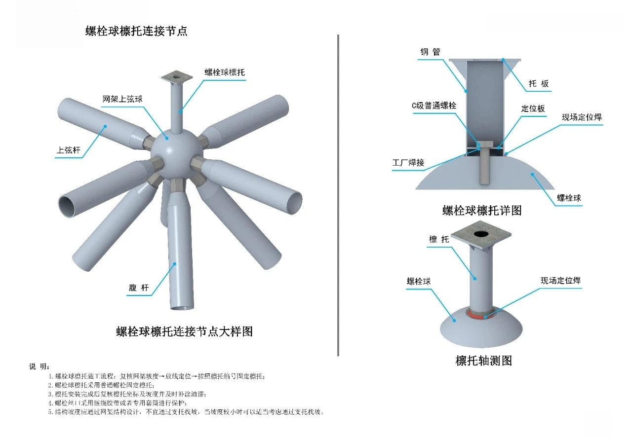 Bolted ball purlin support connection node